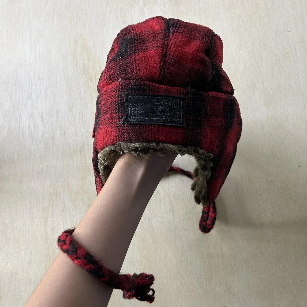 Y2K American Eagle Hat Trapper Mens L XL Red Plaid Faux Fur Ear Flap Winter
